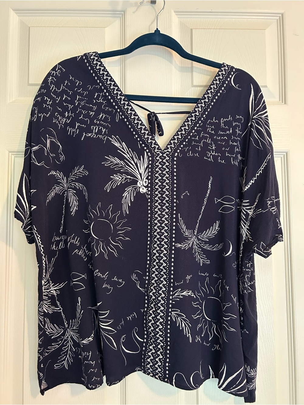 Lane Bryant Navy V-Neck Printed Top with Tassel Tie